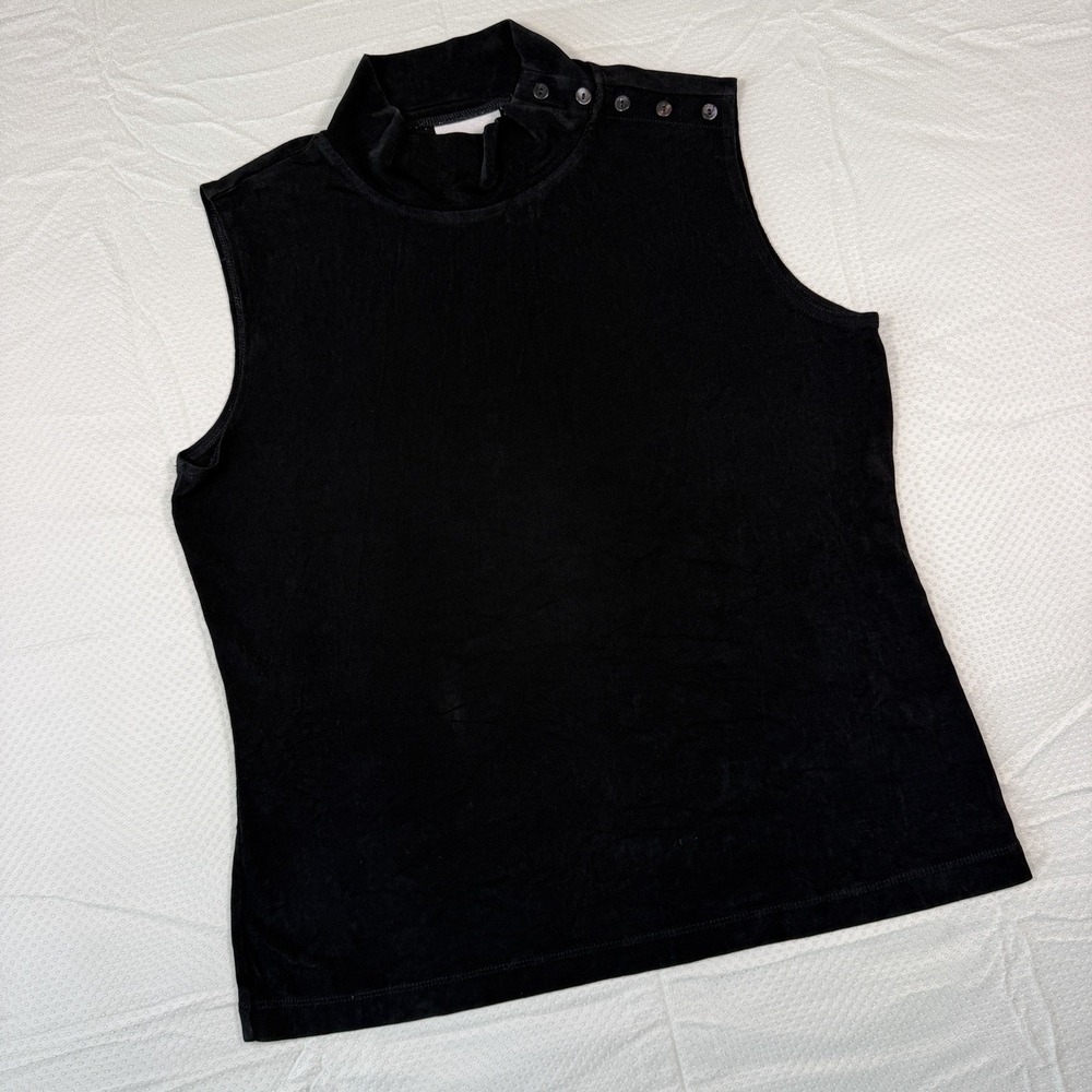 Chicos Travelers Womens sz 3 (XL) Black Sleeveless Mock Neck Top Button Trim